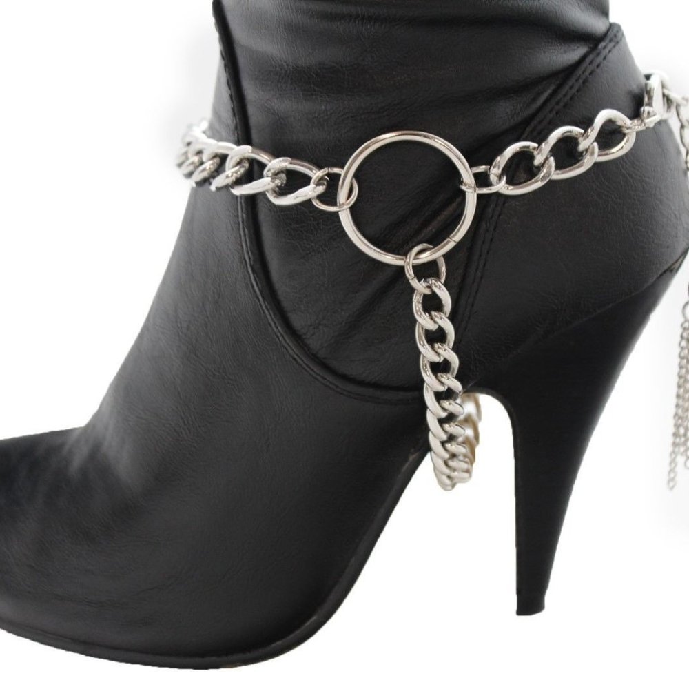 Women Silver Metal Boot Chain Bracelet Circle Back Tassel Shoe Charm Anklet - Picture 11 of 12